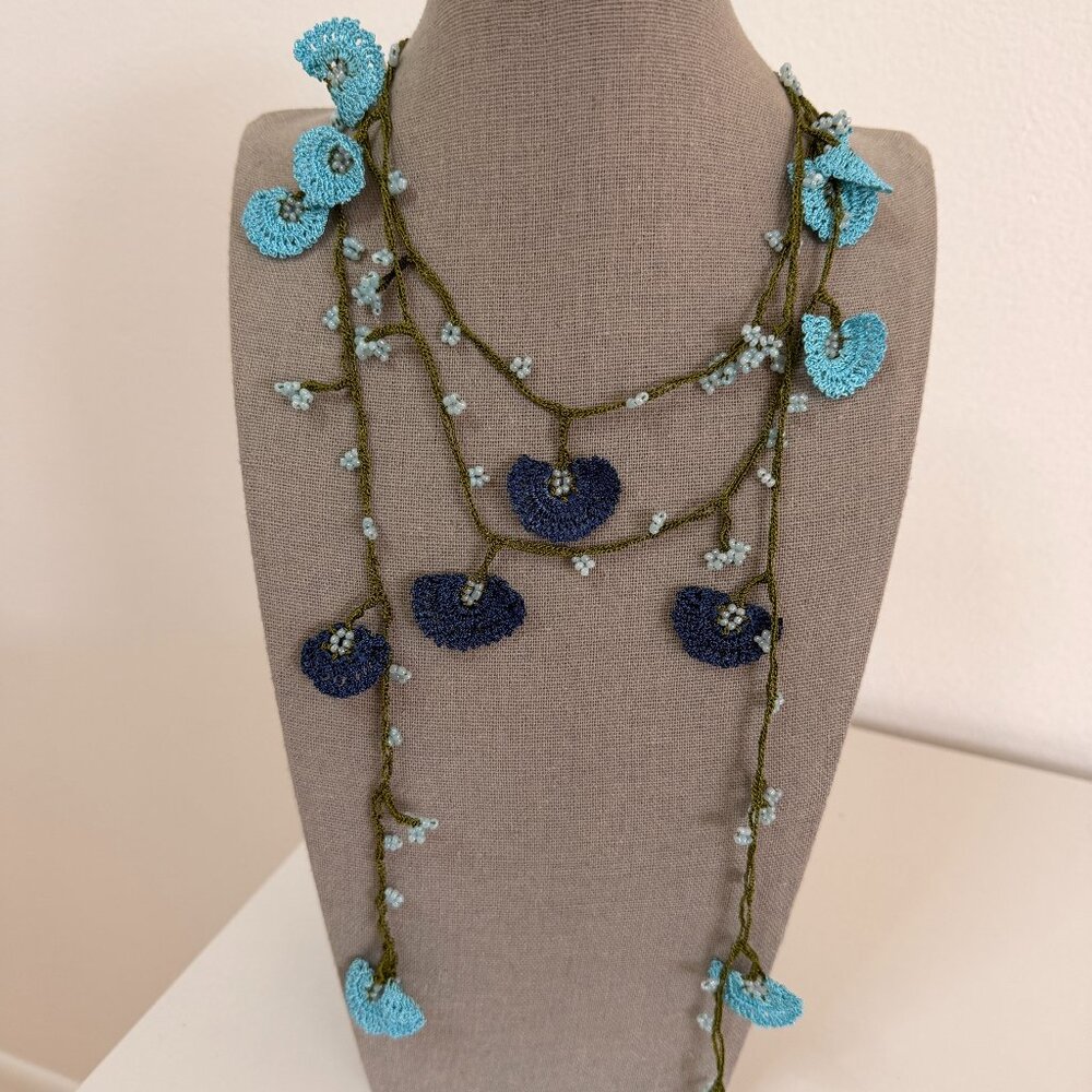 Traditional Turkish Oya Necklace Light & Dark Blue Lightweight
